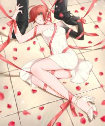 Rule 34 | 1boy, 1girl, absurdres, ahoge, ankle strap, bound, breasts, card, dress, elias ainsworth, green eyes, hair over eyes, hatori chise, high heels, highres, lying, mahou tsukai no yome, on back, on floor, petals, red hair, red ribbon, ribbon, ribbon bondage, rose petals, short hair, sieben 7, small breasts, solo focus, strapless, strapless dress