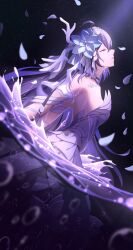 Rule 34 | 1girl, breasts, broseele, closed eyes, commentary request, dress, flower, from side, hair flower, hair ornament, highres, honkai (series), honkai impact 3rd, long hair, looking up, parted lips, petals, purple hair, seele vollerei, seele vollerei (herrscher of rebirth), sky, small breasts, solo, star (sky), starry sky, strapless, strapless dress, very long hair, white dress