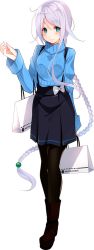 Rule 34 | 1girl, bag, black skirt, blue eyes, blue sweater, braid, dress, full body, hair tie, kantai collection, long hair, looking at viewer, mitsukoshi (department store), mole, mole under eye, official art, pantyhose, parted bangs, pinafore dress, shopping bag, single braid, skirt, sleeveless dress, smile, suspenders, sweater, transparent background, umikaze (kancolle), very long hair, white hair