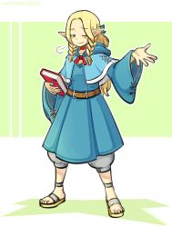 Rule 34 | 1girl, belt, blonde hair, book, braid, brown belt, collarbone, dungeon meshi, full body, green eyes, holding, holding book, long hair, long sleeves, looking at viewer, marcille donato, one eye closed, pointy ears, sandals, shepple, solo, twin braids, twitter username