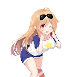 Rule 34 | 1girl, ;d, absurdres, asymmetrical legwear, azur lane, belt, blue shorts, blush, breasts, brown belt, collarbone, columbia (azur lane), commentary request, double v, eyewear on head, fingernails, hair between eyes, highres, large breasts, leaning forward, light brown hair, long hair, looking at viewer, one eye closed, open mouth, roido (taniko-t-1218), shirt, short shorts, short sleeves, shorts, simple background, single thighhigh, smile, solo, star (symbol), striped clothes, striped thighhighs, sunglasses, thighhighs, uneven legwear, v, very long hair, white background, white shirt, wristband
