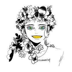 Rule 34 | 1girl, 2019, clenched teeth, dani arbor, dated, flower, head wreath, kyung won joon, looking at viewer, midsommar, portrait, signature, smile, solo, teeth, white background, yellow teeth