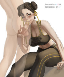 Rule 34 | 1boy, 1girl, abs, absurdres, anal fingering, bad id, bad twitter id, black bra, black hair, black pants, blush, bra, breasts, brown hair, capcom, chun-li, cleavage, clothed female nude male, covered erect nipples, cum, cum in mouth, ejaculating while penetrated, double bun, ejaculation, erection, fellatio, fingering, head out of frame, hetero, highres, large breasts, large penis, leaning forward, lips, lipstick, lipstick mark, makeup, nail polish, nose blush, nude, oral, pants, penis, prostate milking, ribbon, simple background, smeared lipstick, sports bra, street fighter, street fighter v, testicles, thick thighs, thighs, tight clothes, tight pants, toned, tumtumisu, uncensored, underwear, wet, wet clothes, x-ray, yellow lips, yellow nails, yellow ribbon, yoga pants