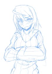 Rule 34 | 10s, 1girl, blue theme, blush, breasts, crossed arms, infinite stratos, laura bodewig, maydrawfag, monochrome, no eyepatch, ribbed sweater, short hair, solo, sweater