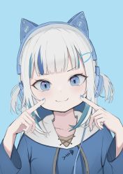 Rule 34 | 1girl, :3, absurdres, animal ear headphones, animal ears, bad id, bad pixiv id, blue background, blue eyes, blue hair, blue nails, blunt bangs, blush, cat ear headphones, cheek poking, closed mouth, collarbone, commentary request, fake animal ears, gawr gura, gawr gura (1st costume), hair ornament, hands up, headphones, highres, hololive, hololive english, long sleeves, looking at viewer, multicolored hair, nail polish, open mouth, pale skin, poking, sakuramx, simple background, smile, solo, streaked hair, upper body, virtual youtuber, white hair