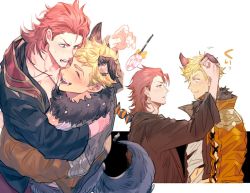 Rule 34 | 2boys, 5 (femfamme), animal ears, black shirt, black tank top, blonde hair, blush, candy, closed eyes, couple, cropped jacket, eye contact, food, fur collar, granblue fantasy, hug, jacket, large pectorals, looking at another, male focus, medium hair, multiple boys, muscular, muscular male, official alternate costume, open clothes, open jacket, open mouth, orange jacket, pectorals, percival (granblue fantasy), red hair, shirt, short hair, smile, tail, tank top, torn clothes, torn shirt, vane (granblue fantasy), white shirt, wolf boy, wolf ears, wolf tail, yaoi