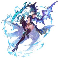 Rule 34 | 1girl, afuroya, aqua eyes, aqua hair, arm up, boots, brave frontier, breasts, detached sleeves, fins, full body, head fins, high heel boots, high heels, highres, holding, holding sword, holding weapon, long hair, long sleeves, lucina (brave frontier), parted lips, phantom of the kill, ponytail, purple thighhighs, shoes, simple background, solo, sword, thighhighs, very long hair, water, weapon, white background, wings