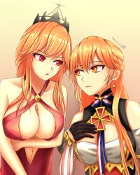 Rule 34 | 2girls, :t, alternate costume, artist name, azur lane, black gloves, blonde hair, braid, breasts, cleavage, cosplay, costume switch, creator connection, dress, earrings, eye contact, female focus, french braid, girls&#039; frontline, gloves, jewelry, large breasts, look-alike, looking at another, multiple girls, ots-14 (girls&#039; frontline), ots-14 (girls&#039; frontline) (cosplay), ots-14 (ruler of the banquet) (girls&#039; frontline), pout, red dress, red eyes, rekka yamato, richelieu (azur lane), richelieu (azur lane) (cosplay), upper body, yellow eyes