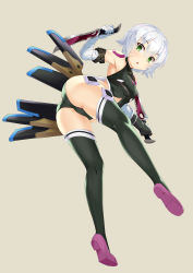 Rule 34 | 1girl, absurdres, arm belt, armpits, ass, bandaged arm, bandages, black panties, black thighhighs, dagger, dual wielding, facial scar, fate/apocrypha, fate (series), from behind, full body, gloves, green eyes, highres, holding, holding dagger, holding knife, holding weapon, jack the ripper (fate/apocrypha), knife, looking at viewer, looking back, panties, scar, scar across eye, scar on cheek, scar on face, short hair, shoulder tattoo, simple background, single glove, solo, tattoo, thighhighs, underwear, weapon, white hair, yamachi (xadp7533)
