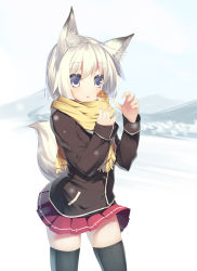 Rule 34 | 1girl, animal ears, black thighhighs, blue eyes, coat, fingernails, fox ears, fox tail, hamster, nekomu, open mouth, original, pleated skirt, scarf, short hair, skirt, snow, snowing, solo, source request, tail, thighhighs, white hair, yellow scarf, zettai ryouiki
