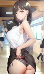 Rule 34 | 1other, 4girls, absurdres, armpits, ass, bare arms, bare shoulders, black hair, black panties, black skirt, black socks, blurry, blush, breasts, brown hair, ceiling light, clothes lift, commentary request, depth of field, gentsuki, hallway, highres, holding, holding notebook, kneehighs, lace, lace-trimmed panties, lace trim, lifting own clothes, light particles, lingerie, looking at viewer, looking back, medium hair, multiple girls, notebook, original, panties, parted bangs, pleated skirt, ponytail, school hall, school uniform, seductive smile, shirt, side-tie panties, skirt, skirt lift, sleeveless, sleeveless shirt, smile, socks, solo focus, standing, teacher, turning head, underwear, white footwear, white shirt, window, yellow eyes