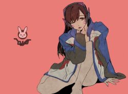 Rule 34 | 1girl, arm at side, arm support, bad id, bad twitter id, barefoot, blue jacket, brown eyes, brown hair, character name, coat, collarbone, d.va (overwatch), facepaint, facial mark, female focus, finger to mouth, hand up, headphones, jacket, knee up, long hair, long sleeves, looking at viewer, nail polish, naked coat, one eye closed, overwatch, overwatch 1, pink background, pink nails, simple background, sitting, solo, whisker markings