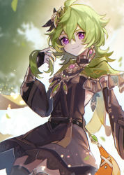 Rule 34 | 1girl, absurdres, ahoge, belt, blurry, blurry background, brown dress, collei (genshin impact), detached sleeves, dress, earrings, falling leaves, genshin impact, green hair, highres, jewelry, kino (m6t2a), leaf, outdoors, purple eyes, smile, solo, thighs, vision (genshin impact)