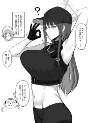 Rule 34 | 1girl, 2girls, atsuko (blue archive), bare shoulders, baseball cap, blue archive, breasts, chest harness, crop top, doodle sensei (blue archive), fellatio gesture, gloves, gomu (chewinggom), greyscale, halo, harness, hat, highres, large breasts, long hair, looking at viewer, midriff, monochrome, multiple girls, navel, open mouth, pants, saori (blue archive), sensei (blue archive), shirt, sleeveless, sleeveless shirt, solo focus, speech bubble, tongue, tongue out, translation request