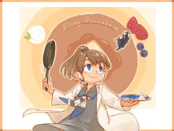 Rule 34 | 1girl, aircraft, alternate costume, bad id, bad twitter id, blue eyes, blueberry, blush, brown hair, butter, coat, english text, food, fruit, frying pan, holding, holding frying pan, holding plate, intrepid (kancolle), kantai collection, nogiguchi kohiro, pancake, plate, smile, solo, twitter username, typo, whipped cream