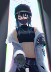 Rule 34 | 1girl, absurdres, bare shoulders, baseball cap, black gloves, black hat, black pants, black shirt, blue archive, blue eyes, blue hair, chromatic aberration, coat, commentary, cowboy shot, crop top, gloves, hat, highres, leggings, long hair, looking at viewer, mask, midriff, mouth mask, navel, off shoulder, open clothes, open coat, pants, saori (blue archive), shirt, siranui desu, sleeveless, sleeveless shirt, solo, standing, stomach, white coat