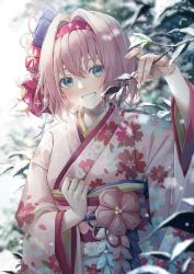 Rule 34 | 1girl, blue eyes, blurry, blurry background, blush, branch, douya (233), floral print, hair ornament, headband, holding, holding branch, japanese clothes, kimono, leaf, looking at viewer, nail polish, obi, original, outdoors, pink hair, sash, short hair, smile, solo, standing, tree, yui (new year) (princess connect!), yui (princess connect!)