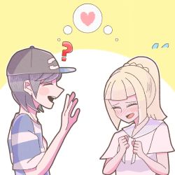 Rule 34 | 1boy, 1girl, ?, aliasing, baseball cap, blonde hair, blush, blush stickers, child, closed eyes, creatures (company), elio (pokemon), embarrassed, flying sweatdrops, game freak, hat, heart, high ponytail, highres, lillie (pokemon), nintendo, nose blush, pokemon, pokemon sm, shared thought bubble, shirt, short sleeves, smile, spoken heart, t-shirt, thought bubble, two-tone background, upper body, yellow background