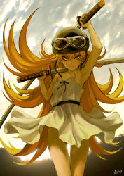 Rule 34 | 1girl, arm up, armpits, artist name, as109, backlighting, bad id, bad pixiv id, bakemonogatari, bare legs, bare shoulders, blonde hair, bow, cloud, cowboy shot, day, dress, dual wielding, flat chest, flipped hair, floating hair, goggles, goggles on head, goggles on headwear, groin, helmet, highres, holding, katana, long hair, looking at viewer, monogatari (series), multicolored eyes, multiple swords, no bra, no panties, off shoulder, oshino shinobu, outdoors, over shoulder, partially visible vulva, red eyes, ringed eyes, sash, serious, short dress, signature, sky, solo, strap slip, sundress, sunrise, sword, very long hair, weapon, weapon over shoulder, white dress, yellow eyes