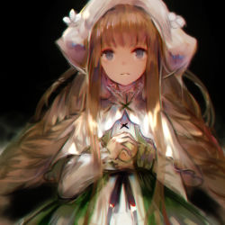 Rule 34 | 1girl, black background, blue eyes, blurry, braid, capelet, dress, forever 7th capital, frown, green dress, hanchan, highres, light brown hair, long sleeves, looking at viewer, sidelocks, simple background, solo, twin braids, upper body, white capelet, white headwear