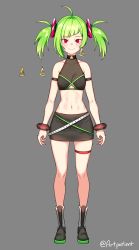 Rule 34 | 1girl, absurdres, ahoge, artist name, artpatient, bare shoulders, black skirt, bracelet, breasts, clothing cutout, crop top, delutaya, diagonal bangs, earrings, full body, gold earrings, green hair, grey background, highres, indie virtual youtuber, jewelry, looking at viewer, navel, red eyes, short twintails, skirt, small breasts, smile, solo, standing, thigh strap, triangle earrings, twintails, twitter username, underboob cutout, virtual youtuber