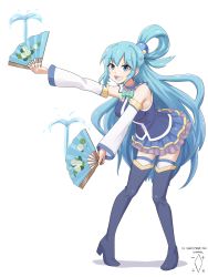 Rule 34 | 1girl, :d, aqua (konosuba), blue eyes, blue hair, boots, choker, commentary, dated, detached sleeves, digiral, english commentary, folding fan, hair rings, hand fan, high heel boots, high heels, highres, holding, holding fan, kono subarashii sekai ni shukufuku wo!, layered skirt, long hair, long sleeves, looking at viewer, neck ribbon, open mouth, pleated skirt, ribbon, shirt, skirt, sleeveless, sleeveless shirt, smile, solo, thigh boots, thighhighs, very long hair, water