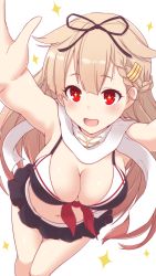 Rule 34 | 1girl, bikini, bikini skirt, blonde hair, blush, braid, breasts, cleavage, commentary request, from above, gradient hair, hair flaps, hair ornament, hair ribbon, hairclip, highres, kantai collection, kerchief, koumei (twinameless), large breasts, long hair, looking at viewer, multicolored hair, navel, open mouth, red eyes, ribbon, scarf, simple background, smile, solo, sparkle, sparkling eyes, swimsuit, white background, white scarf, yuudachi (kancolle), yuudachi kai ni (kancolle)