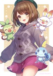 Rule 34 | 1girl, :d, blush, bob cut, border, brown eyes, brown hair, buttons, cable knit, cardigan, commentary request, creatures (company), dress, flower (symbol), game freak, gen 8 pokemon, gloria (pokemon), green headwear, grey cardigan, grookey, happy, highres, hooded cardigan, nintendo, open mouth, outside border, pokemon, pokemon (creature), pokemon swsh, purple dress, rena rin, scorbunny, short hair, signature, smile, sobble, starter pokemon trio, white border
