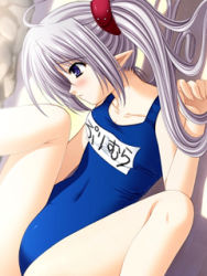 Rule 34 | 00s, blue eyes, lowres, nishimata aoi, non-web source, one-piece swimsuit, pointy ears, primula, qvga, school swimsuit, shuffle!, silver hair, solo, spread legs, swimsuit, twintails