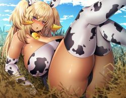 Rule 34 | 1girl, :o, animal ears, animal print, ass, bell, blonde hair, blush, breasts, chocolate milk, cleavage, cow ears, cow girl, cow horns, cow print, cowbell, crotch seam, dark-skinned female, dark elven forest ranger, dark skin, elbow gloves, elf, gloves, highres, horns, huge breasts, last origin, leaning back, legs up, looking at viewer, nanami neru, open mouth, plump, pointy ears, purple eyes, solo, tan, thick thighs, thighhighs, thighs