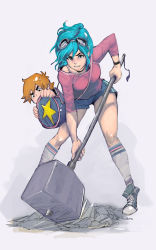 Rule 34 | 1boy, 1girl, aqua hair, bag, bent over, between breasts, breasts, brown hair, commentary, converse, david liu, duffel bag, english commentary, full body, goggles, goggles on head, ground shatter, highres, holding, holding weapon, huge weapon, kneehighs, long legs, looking at viewer, mallet, medium hair, mini person, miniboy, ramona flowers, scott pilgrim (series), scott pilgrim, shoes, short shorts, shorts, small breasts, sneakers, socks, solo focus, strap between breasts, sweatdrop, war hammer, weapon, wristband