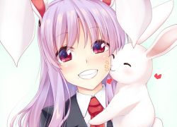 Rule 34 | 1girl, ^ ^, animal, animal ears, black jacket, blazer, blush, closed eyes, commentary request, gradient background, green background, grin, heart, hisae (hisae collect), holding, holding animal, jacket, kiss day, looking at viewer, necktie, portrait, purple hair, rabbit, rabbit ears, rabbit tail, red eyes, red necktie, reisen udongein inaba, shirt, sidelocks, smile, solo, tail, touhou, white background, white shirt, wing collar