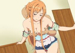 Rule 34 | 1boy, asuna (sao), bra, grabbing another&#039;s breast, breasts, brown eyes, censored, clothes lift, door, from behind, grabbing, grabbing from behind, grinding, leaning forward, leaning on object, long hair, medium breasts, mr trace mosha, orange hair, panties, skirt, skirt lift, standing, sword art online, thigh sex, underwear