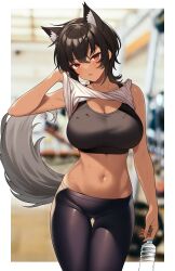 Rule 34 | 1girl, absurdres, animal ear fluff, animal ears, black hair, black pants, black sports bra, blurry, bottle, breasts, clothes lift, commentary request, cowboy shot, dark-skinned female, dark skin, depth of field, gluteal fold, gym, gym pants, hair between eyes, head tilt, highres, holding, holding bottle, indoors, large breasts, looking at viewer, midriff, navel, open mouth, original, outside border, pants, plastic bottle, red eyes, shirt, shirt lift, short hair, sleeveless, solo, sports bra, sweat, tail, tail raised, takunomi, tan, tank top, thigh gap, thighs, tight clothes, tight pants, water bottle, white shirt, wolf ears, wolf girl, wolf tail, yoga pants