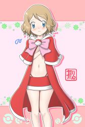 Rule 34 | 1girl, absurdres, alternate costume, blonde hair, blue eyes, blush, bow, breasts, capelet, character cutout, christmas, cleavage, creatures (company), drop shadow, female focus, flying sweatdrops, fur trim, game freak, hand up, highleg, highleg panties, highres, miniskirt, navel, nervous, nintendo, outline, panties, pink background, pink bow, poke ball theme, pokemon, pokemon (anime), pokemon xy (anime), red panties, red skirt, serena (pokemon), short hair, simple background, skirt, small breasts, solo, standing, tax2rin, text focus, translated, underwear, watermark
