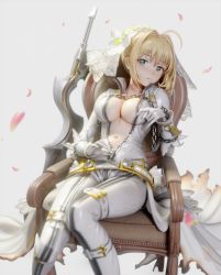 Rule 34 | 1girl, 3d, 77gl, aestus estus, belt, blonde hair, blush, breasts, burnt clothes, center opening, chain, chair, collarbone, derivative work, fate/extra, fate/extra ccc, fate (series), flower, gloves, green eyes, hair flower, hair intakes, hair ornament, impossible clothes, lock, medium breasts, navel, nero claudius (bride) (fate), nero claudius (fate), nero claudius (fate) (all), pants, petals, plunging neckline, rose petals, sitting, solo, sword, ucupumar, unzipping, veil, weapon, white background, white pants, zipper