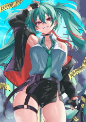 Rule 34 | 1girl, :d, aqua hair, arms up, bare shoulders, belt, black gloves, black jacket, black shorts, breasts, cleavage, collared shirt, commentary, cowboy shot, day, ear piercing, english commentary, fingerless gloves, gloves, gluteal fold, green nails, grey shirt, grin, hatsune miku, highres, holding, holding megaphone, inue ao, jacket, large breasts, long hair, long sleeves, looking at viewer, megaphone, multicolored hair, nail polish, open clothes, open jacket, open mouth, outdoors, parted lips, piercing, red eyes, red hair, shirt, short shorts, shorts, skindentation, smile, solo, streaked hair, thigh strap, twintails, two-tone hair, unzipped, very long hair, vocaloid