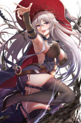 Rule 34 | 1girl, absurdres, armpits, bare shoulders, blush, breasts, cleavage, dress, garter straps, granblue fantasy, grey hair, hat, highres, hotate-chan, large breasts, legs, long hair, looking at viewer, magisa (granblue fantasy), open mouth, outstretched arm, purple eyes, simple background, smile, thighhighs, witch hat