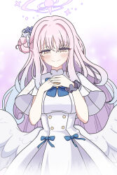 Rule 34 | 1girl, blue archive, blunt bangs, blush, bow, capelet, commentary, commentary request, dress, english commentary, flower, gradient background, hair flower, hair ornament, hair scrunchie, highres, long hair, looking at viewer, mika (blue archive), one side up, own hands together, pink hair, riffle hunter, school uniform, scrunchie, sidelocks, smile, solo, turtleneck, turtleneck dress, wrist scrunchie, yellow eyes