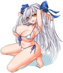 Rule 34 | 1girl, :d, armpits, arms behind head, arms up, bare arms, bare legs, bare shoulders, barefoot, bemani, bikini, blue nails, blue ribbon, breasts, cleavage, collarbone, front-tie bikini top, front-tie top, full body, hair between eyes, hair lift, hair ribbon, kneeling, large breasts, long hair, micro bikini, nail polish, navel, open mouth, orange eyes, ortlinde=nblg=valkyria, ribbon, sate hatena, shadow, shiny skin, side-tie bikini bottom, silver hair, simple background, smile, solo, sound voltex, swimsuit, thighs, toenail polish, toenails, underboob, very long hair, white background, white bikini
