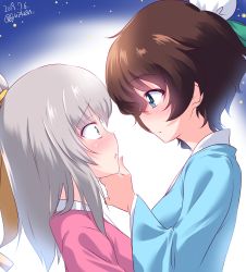 Rule 34 | 2girls, :o, akaboshi koume, alternate hairstyle, blue eyes, blue kimono, blush, brown hair, commentary request, constricted pupils, cosplay, dated, from side, girls und panzer, grabbing another&#039;s chin, hair ribbon, hand on another&#039;s chin, height difference, highres, hikoboshi, hikoboshi (cosplay), itsumi erika, japanese clothes, kimono, kuzuryuu kennosuke, long sleeves, looking at another, medium hair, multiple girls, one-hour drawing challenge, orihime (cosplay), orihime (tanabata), parted lips, partial commentary, pink kimono, ponytail, red eyes, ribbon, short hair, silver hair, tanabata, twitter username, upper body, wavy hair, white ribbon, wide sleeves, yellow ribbon, yuri
