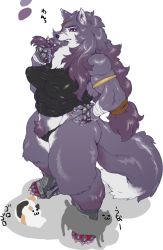 Rule 34 | :3, cat, furry, hair play, hand on own hip, hip focus, long hair, multicolored hair, muscular, nezunezu, purple hair, scar, simple background, standing, tail, wide hips, wolf, yellow eyes