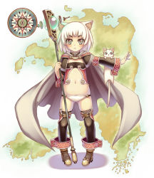 Rule 34 | animal ears, bad id, bad pixiv id, bolt, cape, cat, cat ears, child, compass, flat chest, frown, green eyes, map, original, silver hair, solo, staff, terumii, thighhighs
