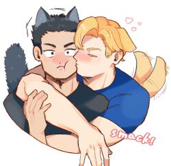 Rule 34 | 2boys, afterimage, animal ears, ao isami, arm around shoulder, black hair, blonde hair, cat boy, cat ears, cat tail, couple, cropped torso, dog boy, dog ears, dog tail, facial hair, highres, hug, kemonomimi mode, kiss, kissing cheek, lewis smith, loving aura, male focus, motion lines, multiple boys, sideburns stubble, stubble, tail, tail wagging, tata3 193, thick eyebrows, wide-eyed, yaoi, yuuki bakuhatsu bang bravern