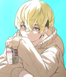 Rule 34 | 1boy, bad id, bad pixiv id, blonde hair, blue background, brown hoodie, can, covered mouth, earrings, green eyes, hair between eyes, holding, holding can, hood, hood down, hoodie, icehotmilktea, jewelry, long sleeves, looking at viewer, male focus, matsuno chifuyu, simple background, sleeves past wrists, solo, thick eyebrows, tokyo revengers, upper body