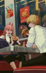 Rule 34 | &gt;:), + +, 1boy, 1girl, black necktie, black pants, blonde hair, blue jacket, booth seating, burger, chainsaw man, collared shirt, commentary, cross-shaped pupils, demon horns, denji (chainsaw man), elbow rest, english commentary, feet out of frame, food, hair between eyes, highres, holding, holding food, horns, indoors, jacket, ketchup bottle, leedare614, long hair, looking at food, necktie, off shoulder, open mouth, orange eyes, pants, pink hair, pochita (chainsaw man), poster (object), power (chainsaw man), red horns, reflection, restaurant, sharp teeth, shirt, short hair, sitting, symbol-shaped pupils, table, teeth, v-shaped eyebrows, white shirt, window