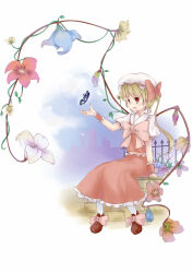 Rule 34 | 1girl, adapted costume, alternate wings, blonde hair, blue butterfly, blue flower, bow, bowtie, bug, butterfly, clock, clock tower, fang, fence, flandre scarlet, flower, flower wings, footwear bow, frilled skirt, frills, full body, hat, hat bow, hat ribbon, highres, huge bowtie, insect, iron fence, keyfanjun, long hair, long skirt, looking at animal, one side up, open mouth, orange flower, outdoors, pink bow, pink bowtie, puffy short sleeves, puffy sleeves, purple flower, red bow, red eyes, red flower, red footwear, red ribbon, red skirt, red vest, ribbon, scarlet devil mansion, shirt, shoes, short sleeves, sitting, skirt, skirt set, socks, solo, stairs, stone stairs, touhou, tower, vest, white flower, white hat, white shirt, white socks, wings, wrist cuffs