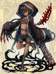 Rule 34 | 1girl, belt, black coat, black collar, black hair, black sclera, black shorts, blood, blood on tail, bloody knife, bloody weapon, braid, breasts, brown belt, chain, chain gun, character request, chest harness, coat, collar, colored sclera, combat knife, commentary request, dairoku ryouhei, dark-skinned female, dark skin, flower, full body, gatling gun, gladiator sandals, grey footwear, grin, gun, hair flower, hair ornament, hairclip, harness, highres, holding, holding gun, holding knife, holding weapon, hood, hood up, hooded coat, kajaneko, knife, long hair, long sleeves, looking at viewer, medium breasts, medium machine gun, minigun, monochrome background, multiple-barrel firearm, multiple belts, multiple knives, navel, one eye covered, open clothes, open coat, open fly, orange eyes, rotary machine gun, sandals, scar, sharp teeth, short shorts, shorts, single braid, slime (substance), smile, solo, standing, standing on one leg, stitched face, stitched torso, stitches, tail, teeth, thigh belt, thigh strap, tree, weapon, white flower, wide sleeves, x hair ornament, yellow pupils