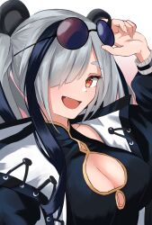 Rule 34 | 1girl, absurdres, animal ears, arknights, black hair, black jacket, breasts, brown eyes, cleavage, cleavage cutout, clothing cutout, eyewear on head, fang, feater (arknights), grey hair, hair over one eye, hand up, highres, jacket, large breasts, long sleeves, looking at viewer, multicolored hair, nekomatamago, open clothes, open jacket, open mouth, panda ears, panda girl, puffy long sleeves, puffy sleeves, simple background, smile, solo, two-tone hair, upper body, white background