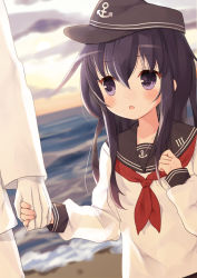 Rule 34 | 10s, 1girl, :o, admiral (kancolle), akatsuki (kancolle), beach, black hair, gloves, holding hands, hat, kantai collection, long hair, ocean, open mouth, personification, purin jiisan, purple eyes, solo focus